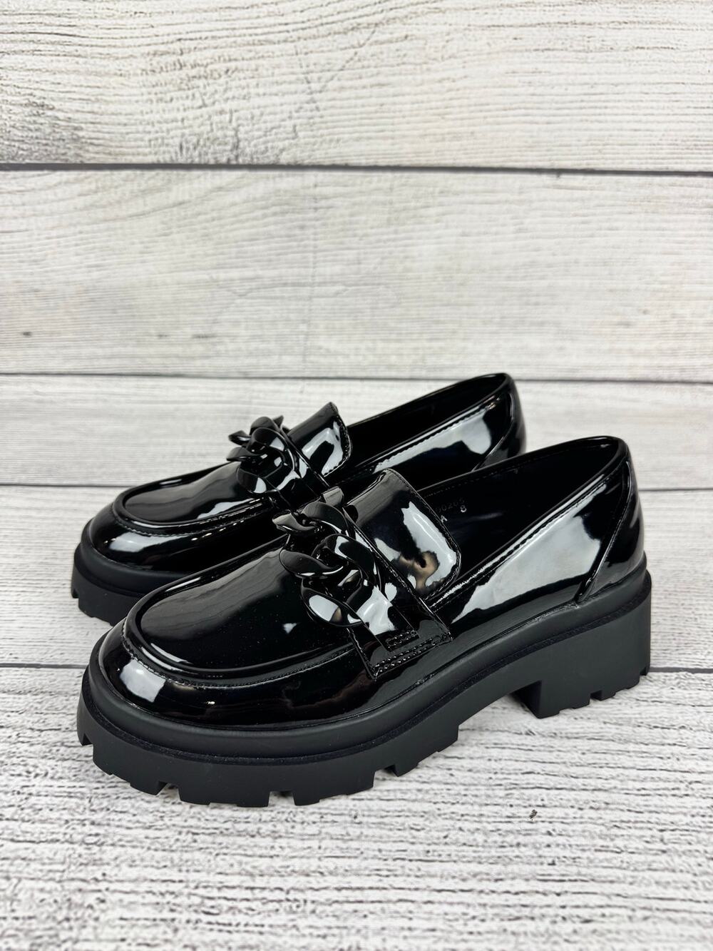 Shu Shop Women's Talitha Black Sleek Chunky Chain Loafers Size 8